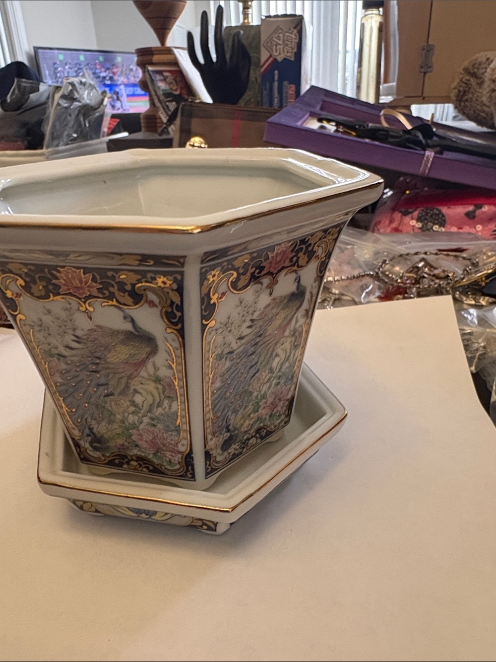 Vintage  Hexagonal Peacock Porcelain Planter With Drainage Tray - Picture 2 of 7